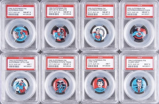 1966 National Periodical Prods. "Superman Pins" Complete Set (8) - #3 on the PSA Set Registry! 